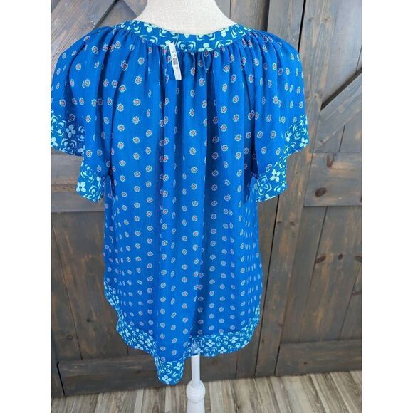 Hollister Women's Floral Boho V Neck Ruffled Short Sleeve Top Bright Blue XS New - Picture 6 of 13